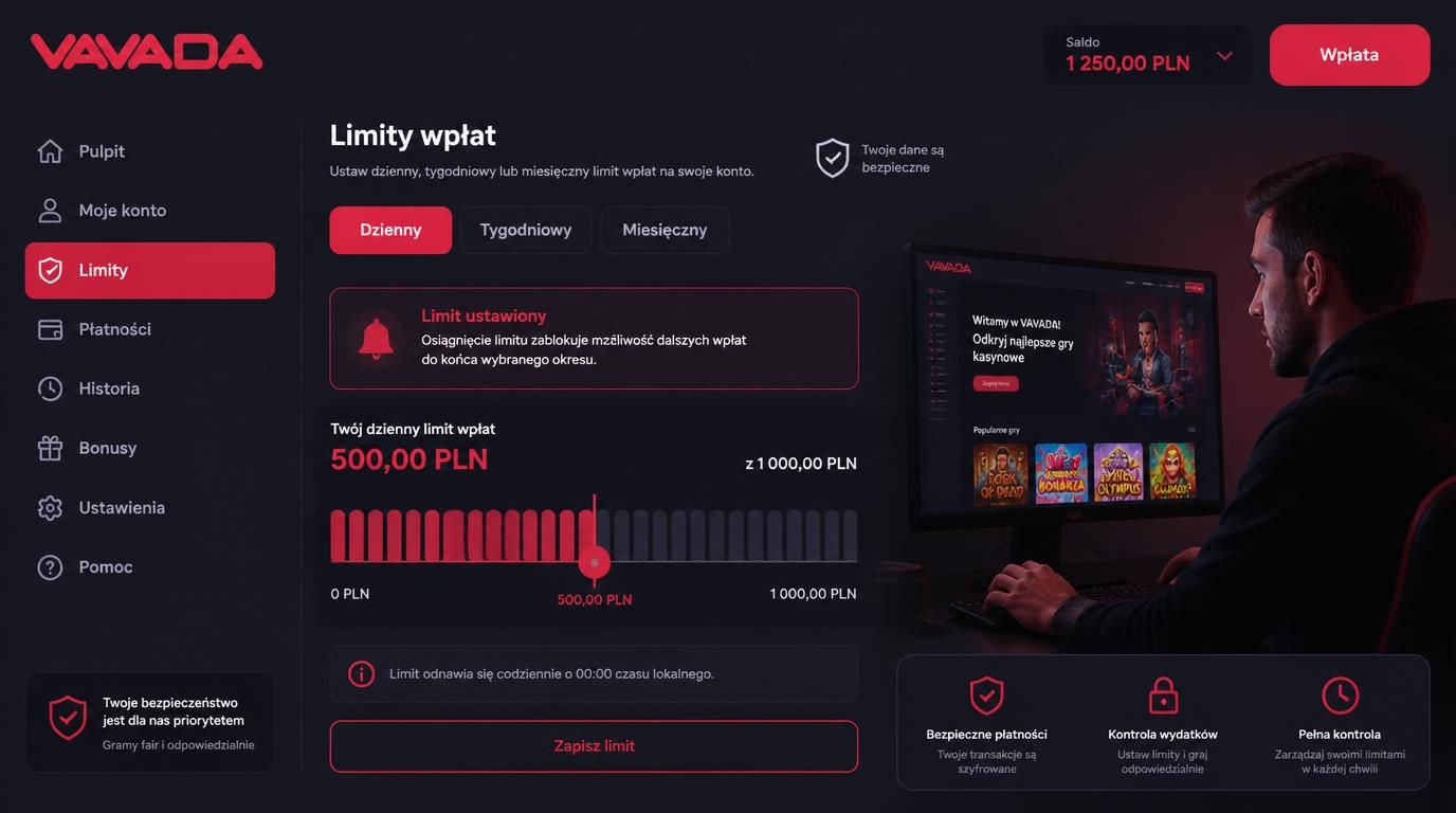 Suwak limitu wpłaty i ikony bezpieczeństwa z polskim motywem
