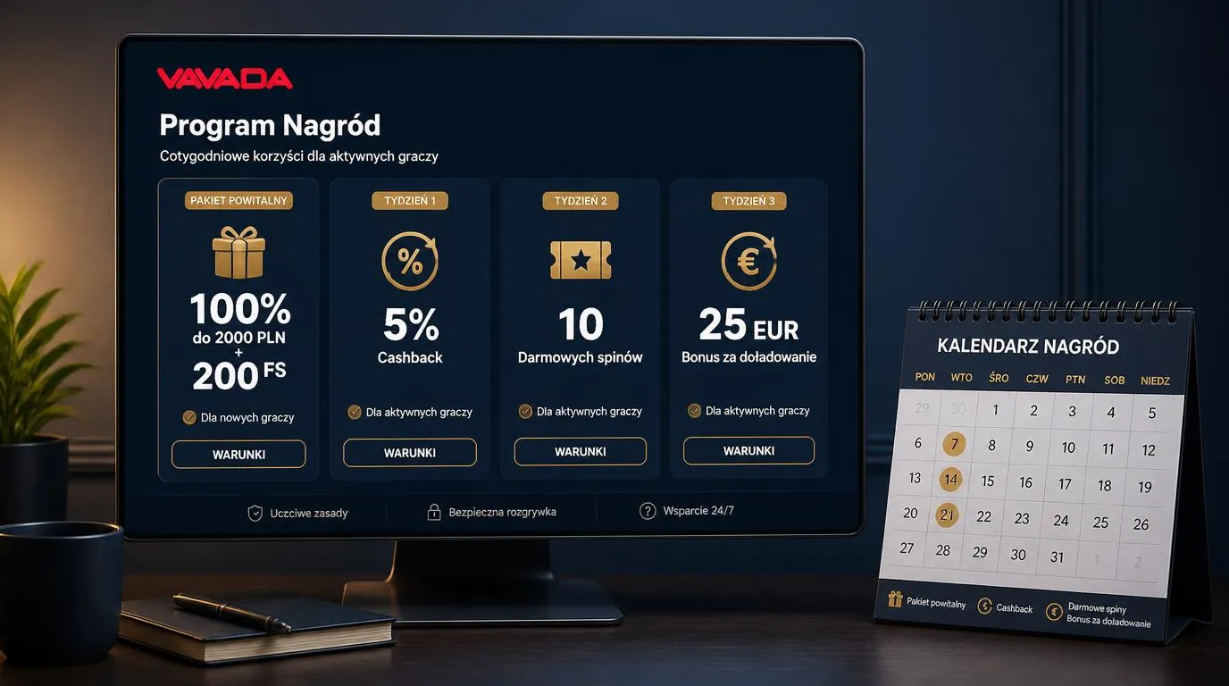 Panel promocji kasynowych z ofertą powitalną, cashbackiem i tygodniowymi darmowymi spinami