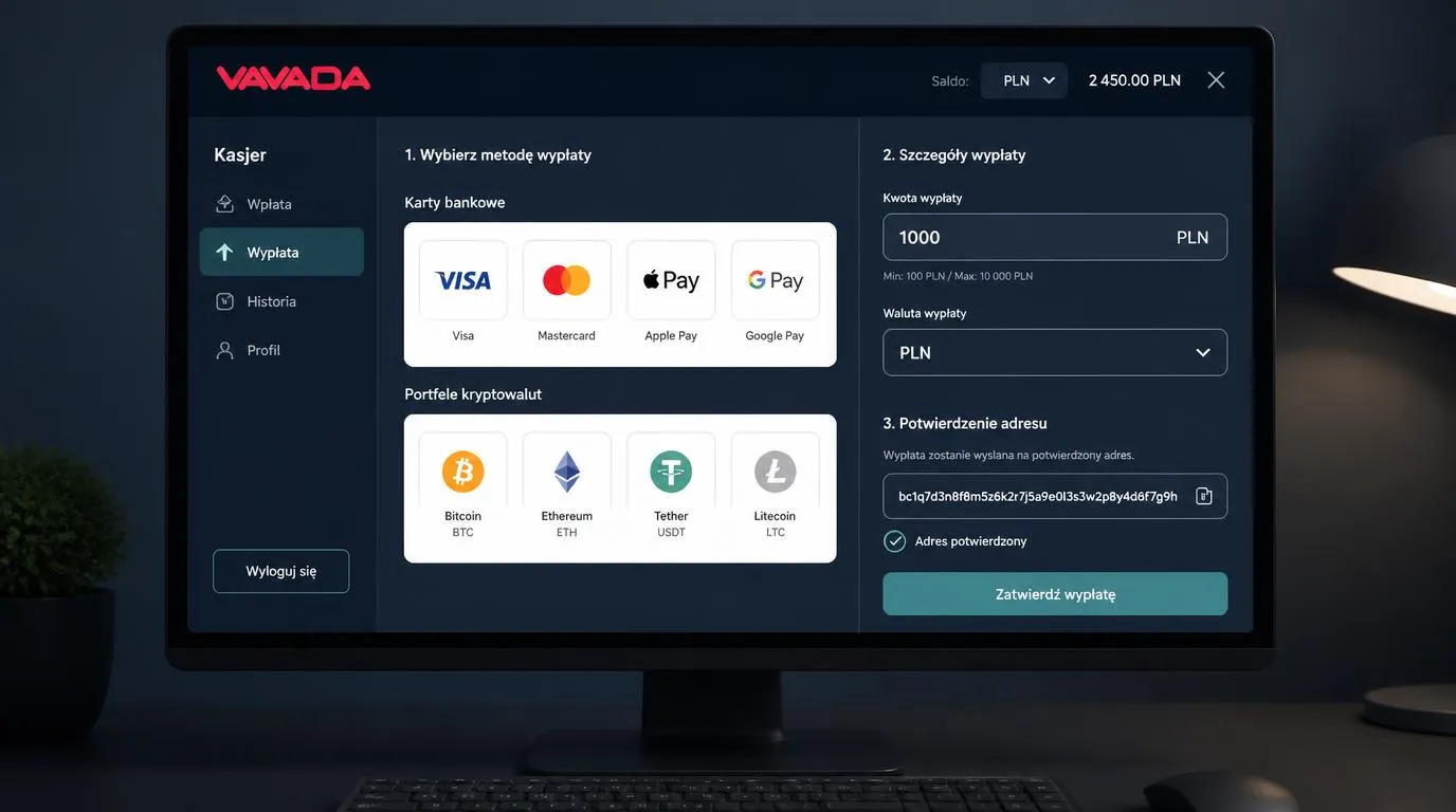 Panel kasjera z kartami płatniczymi i kryptowalutami oraz podglądem kwoty wypłaty w PLN