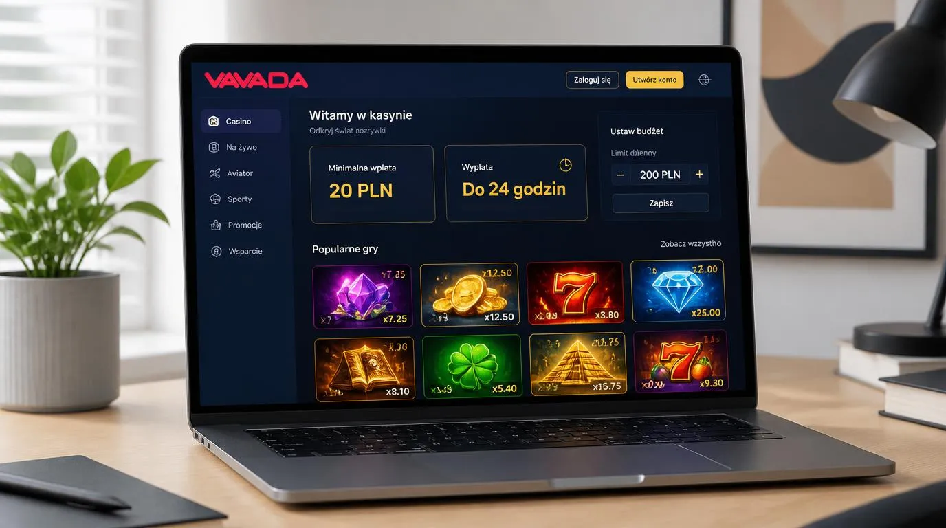 Panel kasyna z depozytem 20 PLN, terminem wypłaty do 24 godzin i miniaturami gier na ekranie laptopa