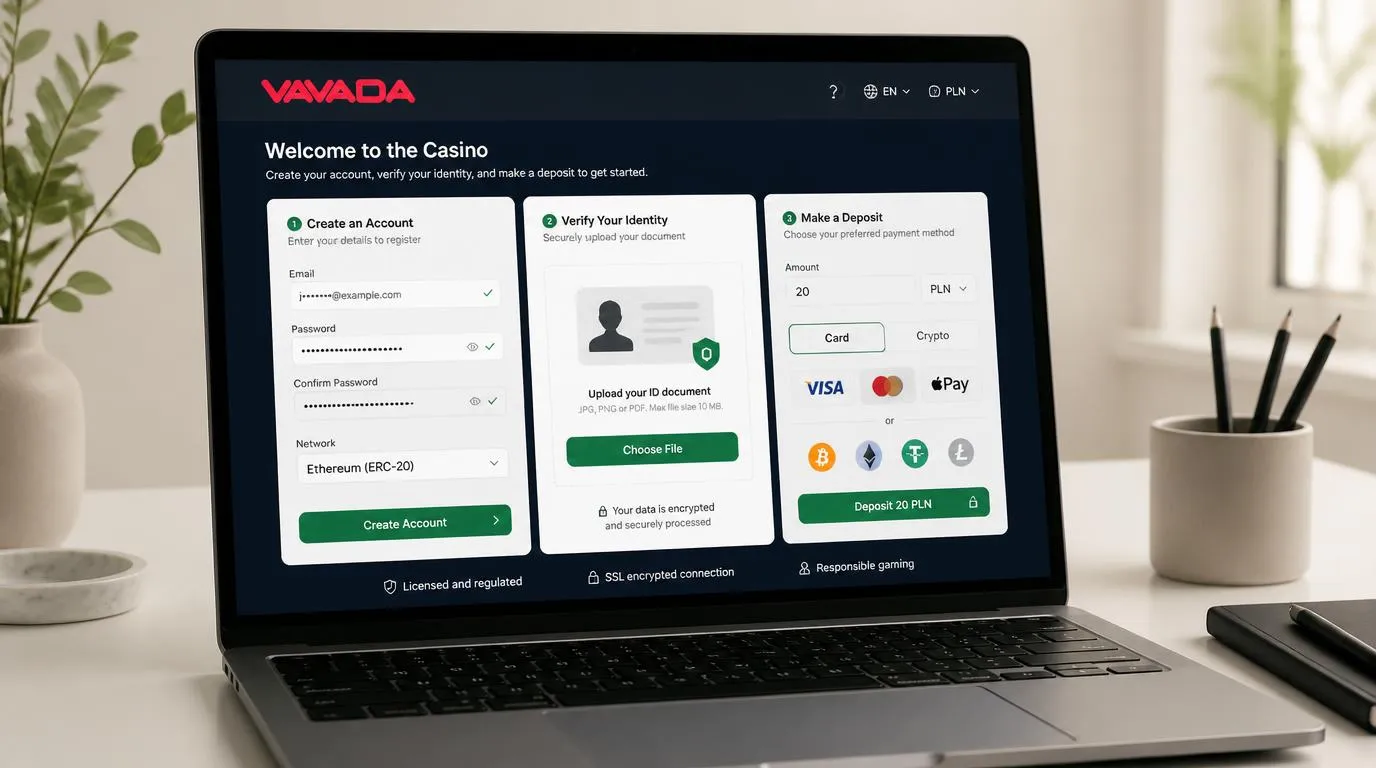Panel rejestracji, przesyłania dokumentów KYC i pierwszego depozytu w PLN na ekranie laptopa