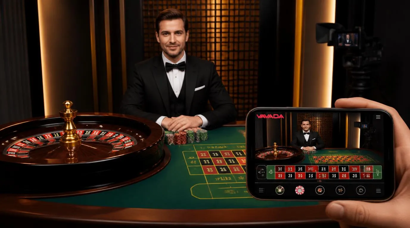 Krupier przy stole ruletki w studiu live oraz ekran telefonu z podglądem transmisji i panelem zakładów